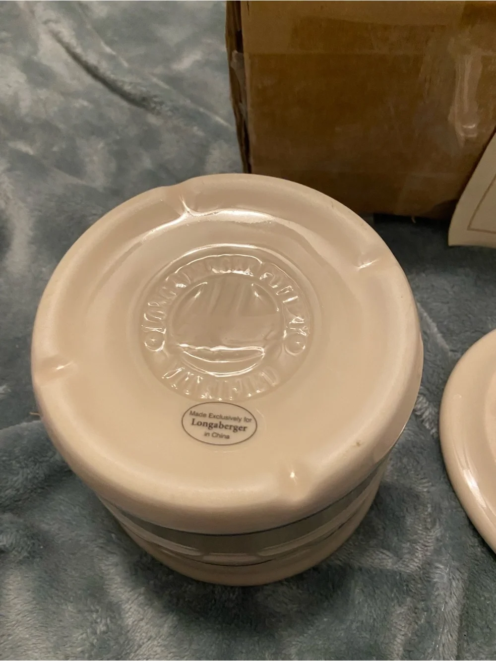 Longaberger Cream Ceramic Crock with Blue Floral Accent